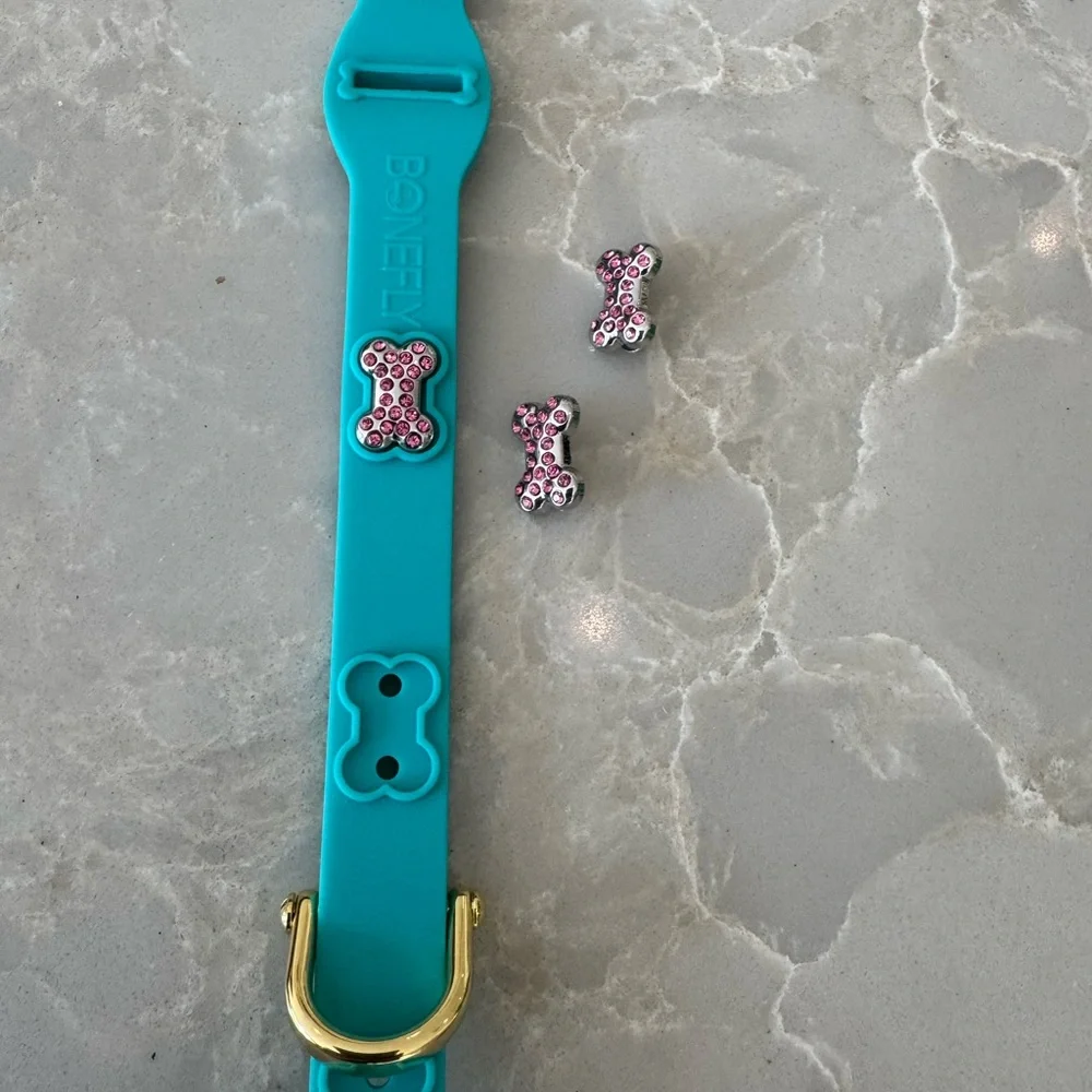 NEW Bonefly Puppy Dog Gift Collar Aqua Gold +4 X Swarovski Pink Charms Sz XS - Picture 12 of 13